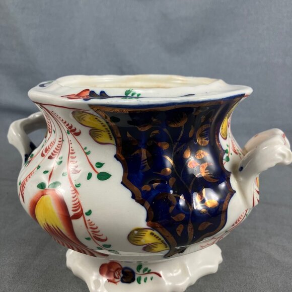 200 yrs old Gaudy Welsh Tulip Pattern Footed Ceramic Sugar Bowl Hand (no Lid) 6" - Picture 8 of 9